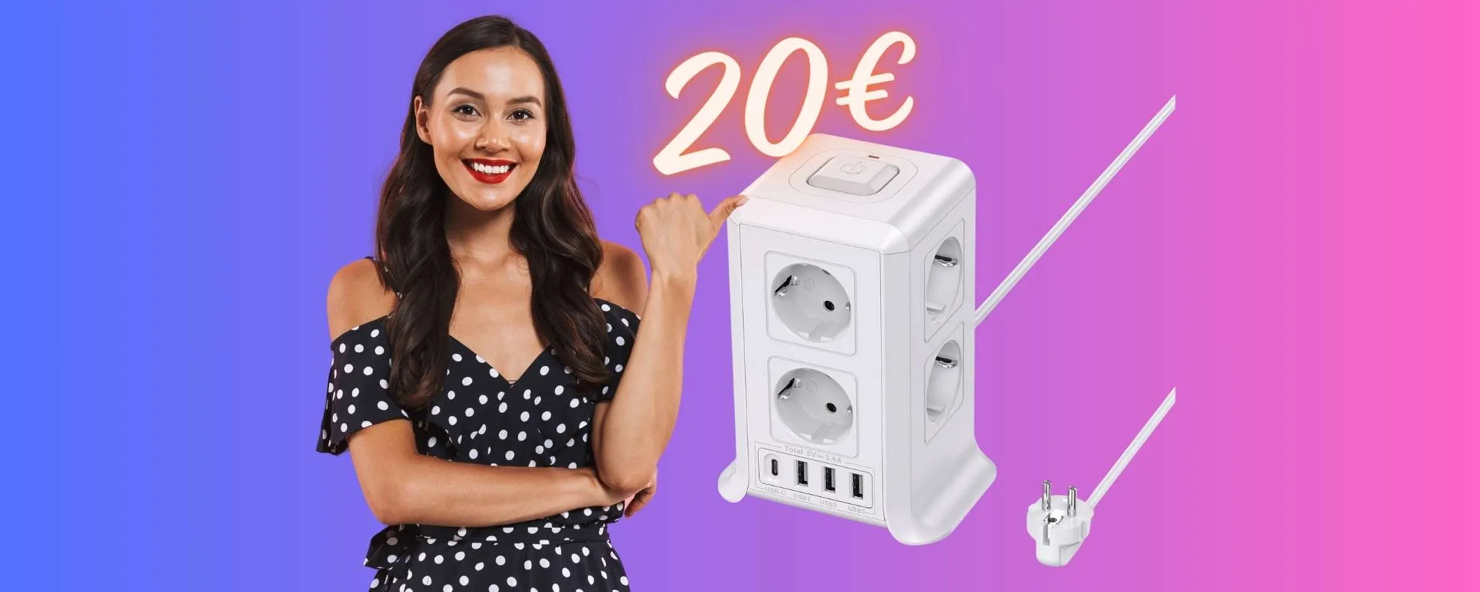 Solo 20€ per questa torretta multipresa con 8 prese e 4 USB (Amazon)