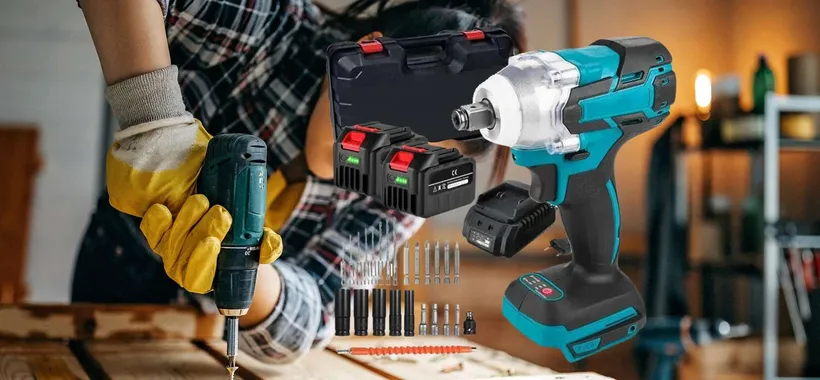 Trapano avvitatore a impulsi con valigetta, 2 batterie e tanti accessori