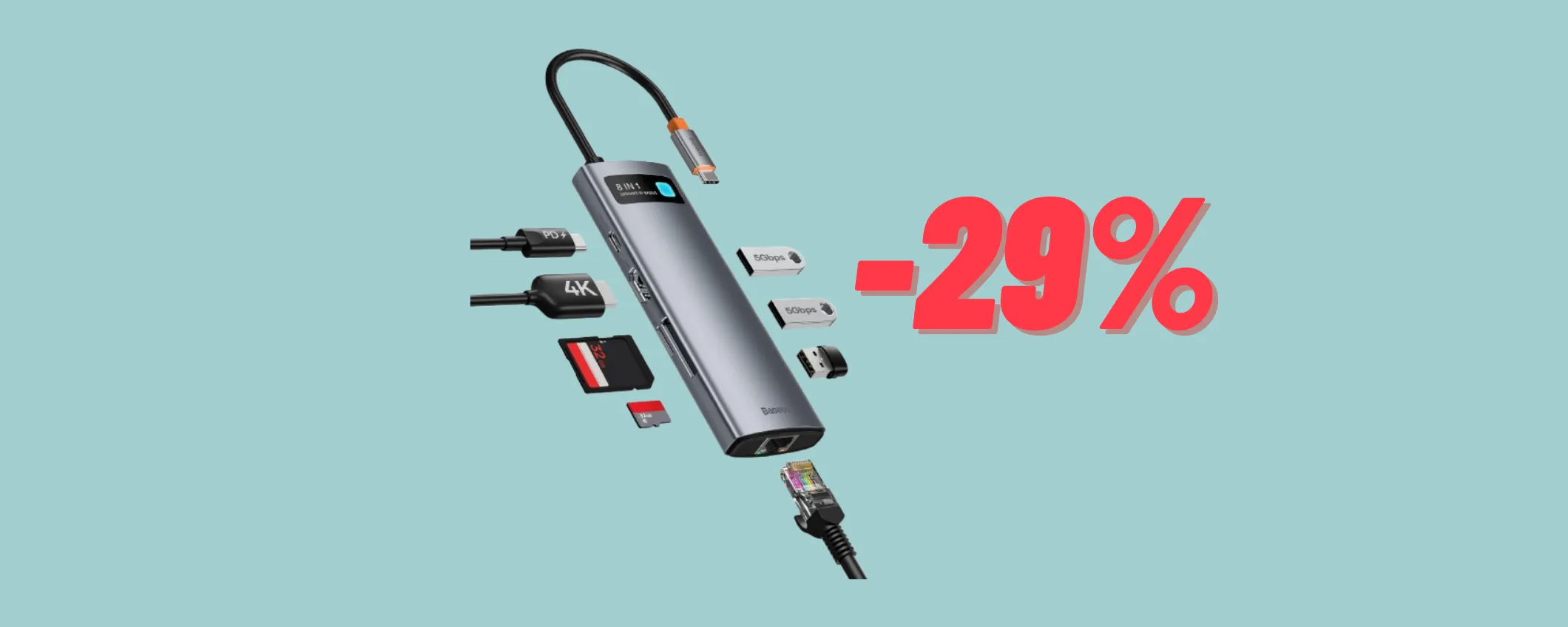 Sconti Amazon: Baseus Hub USB C 8 in 1 al -29%