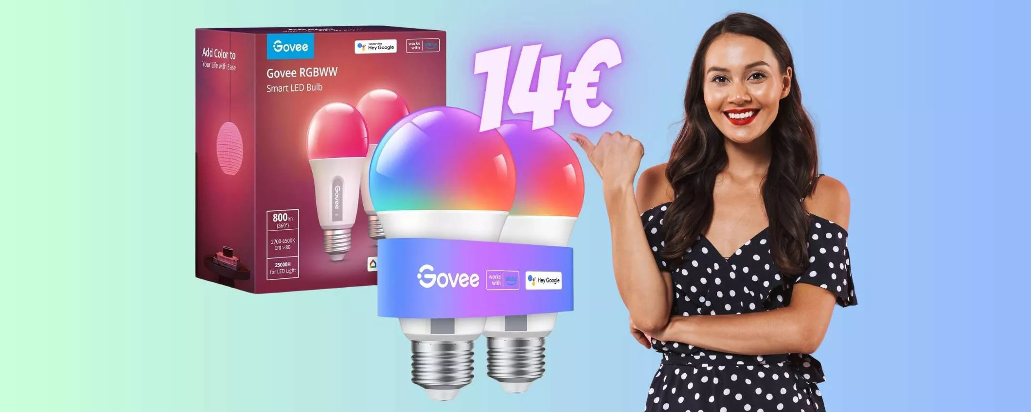 2 lampadine smart multicolore con comandi vocali a 14€ su Amazon