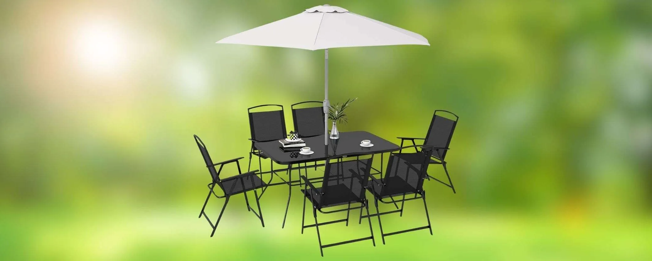 Set da giardino COMPLETO: tavolo, 6 sedie e ombrellone in DOPPIO SCONTO su Amazon
