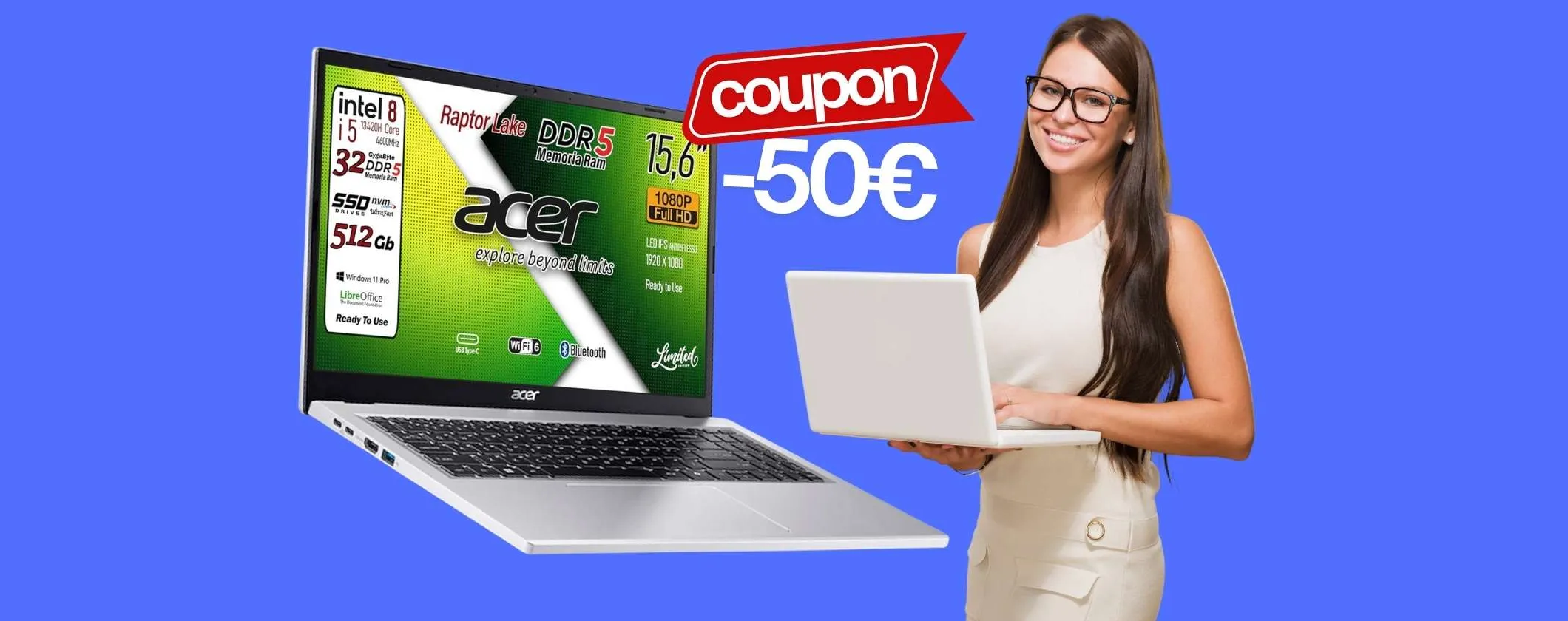 Notebook Acer con Intel Core i5, 32GB di RAM e SSD da 512GB in promo Amazon