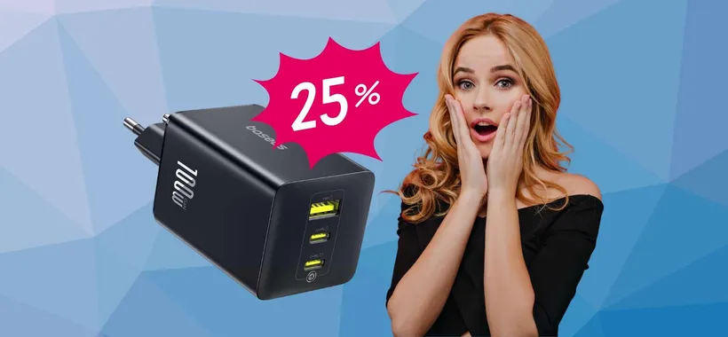 Caricatore USB da 100W con 3 porte rapidissime e tecnologia GaN (-25%)