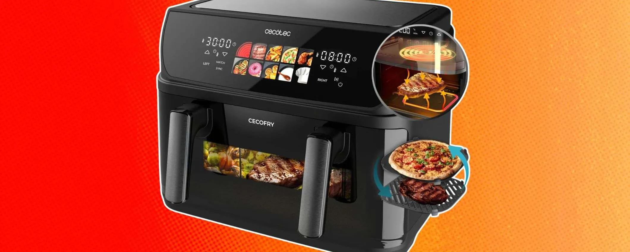 Friggitrice ad aria, griglia e piastra per pizza: CROLLA a 66€ il geniale elettrodomestico 3-in-1 di Cecotec