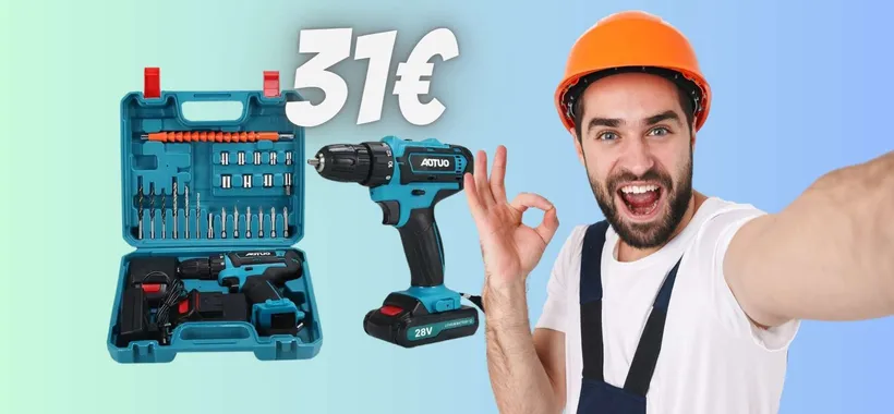 Trapano avvitatore con valigetta, tanti accessori e due batterie a 31€