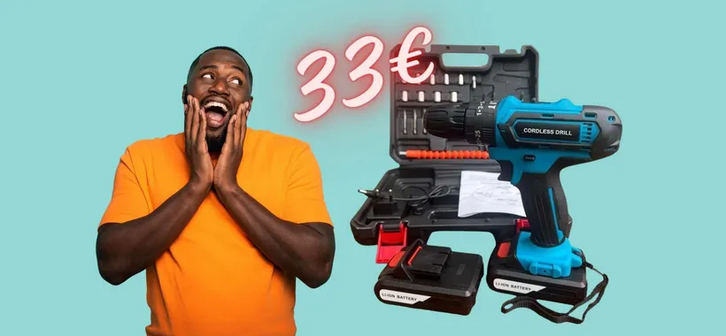 Trapano avvitatore a batteria con percussione e accessori? Ti bastano 33€