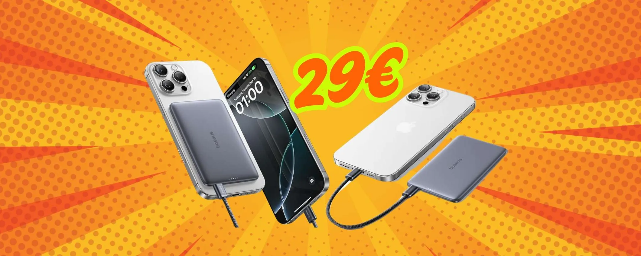Power Bank ultra slim da 5000mAh con ricarica wireless in DOPPIO SCONTO