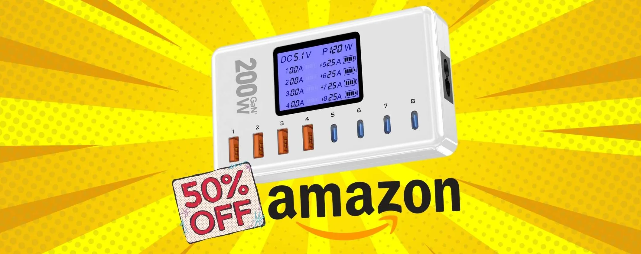 Caricatore USB multiplo da 200W e con 8 porte a metà prezzo