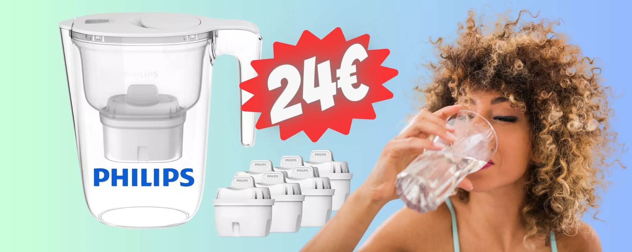 Caraffa filtrante Philips con 6 cartucce per bere l'acqua pulita (24€)