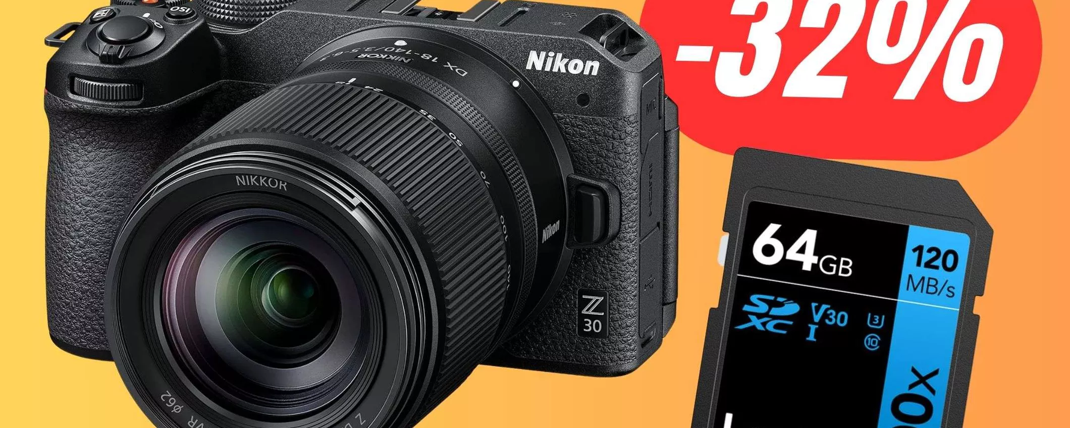La fotocamera Nikon Z30 con OTTICA e Memoria SD 64GB è scontata di 413€