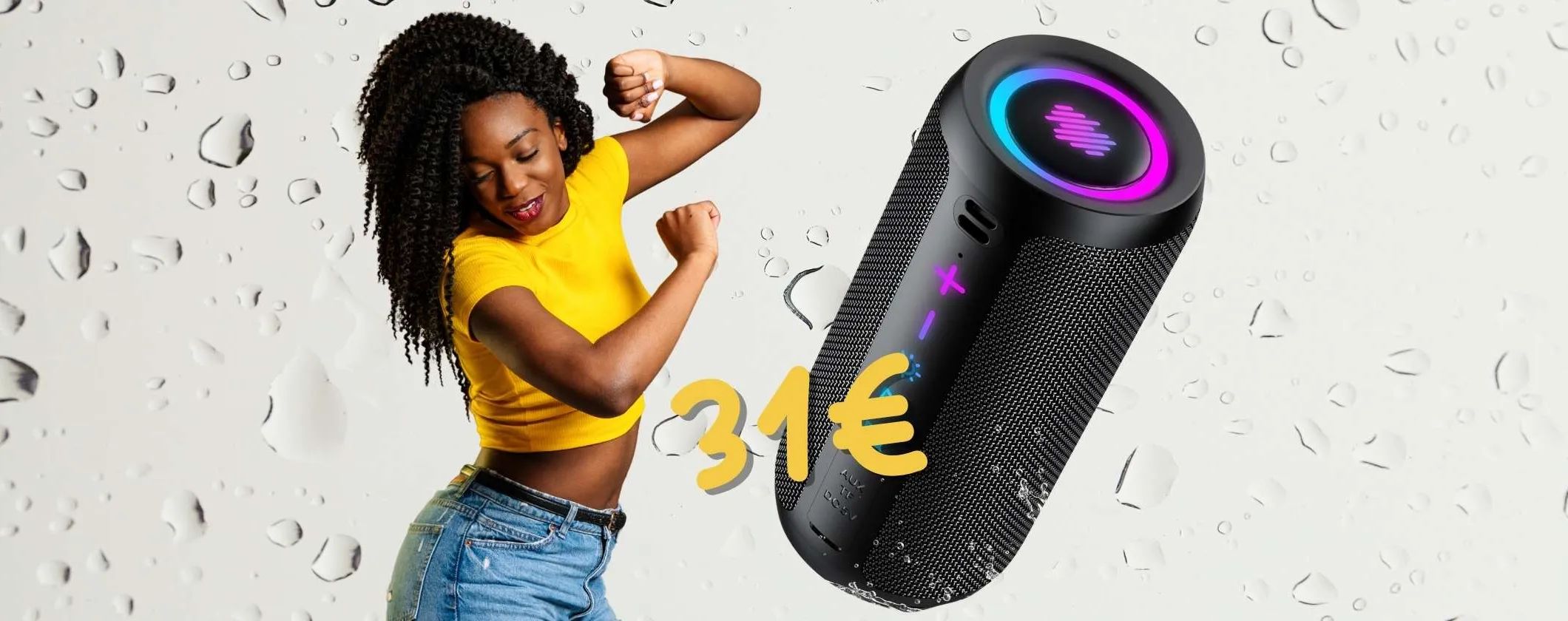 Cassa Bluetooth portatile con colori RGB, IPX7 e 24h di autonomia (31€)