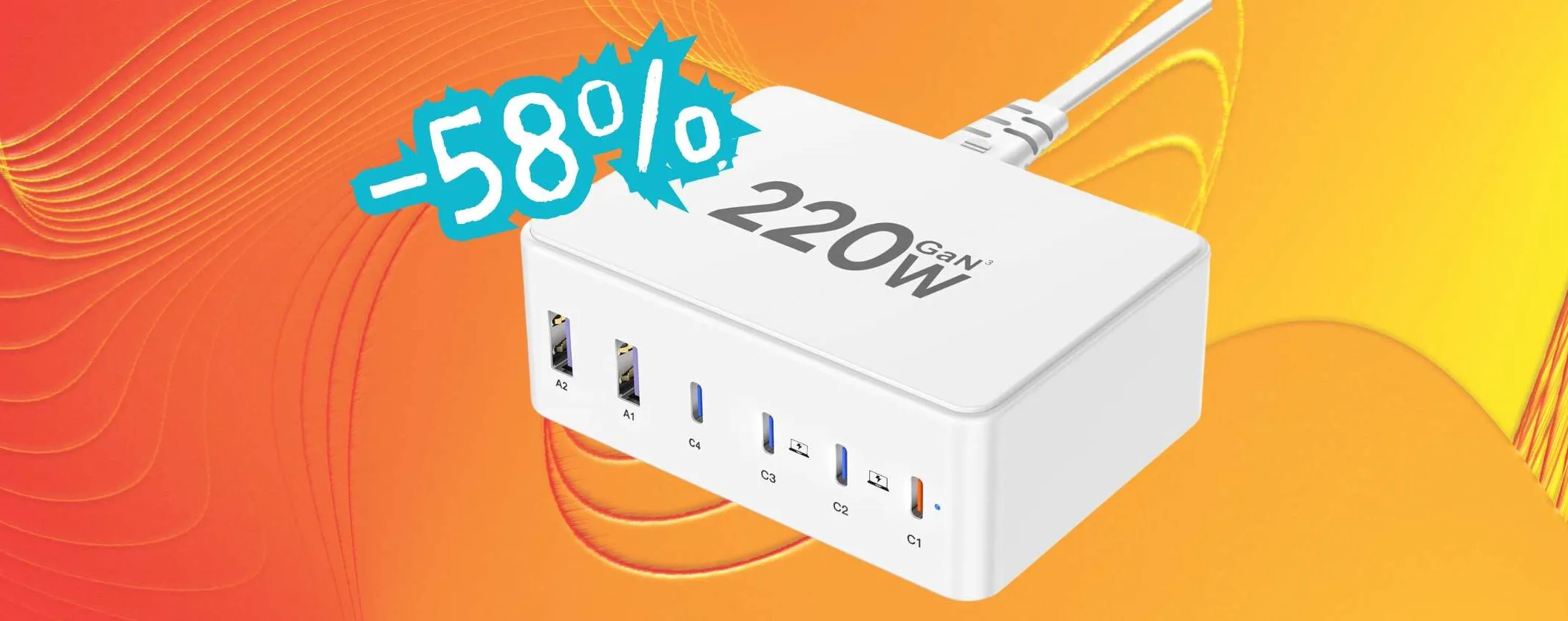 Caricatore USB con 6 porte e potenza da 220W in SCONTO oltre la METÀ