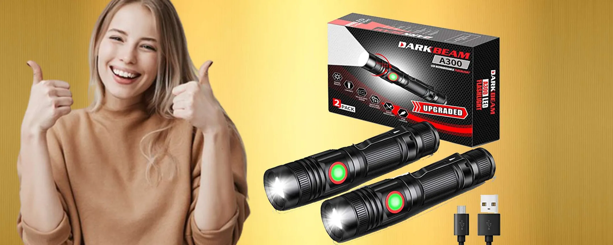 4 Pezzi Torce LED Ricaricabili Estremamente Luminose, 5 Modalità, Zoomabile, IP65 Impermeabile, Tattiche Per Campeggio, Escursioni, Emergenze