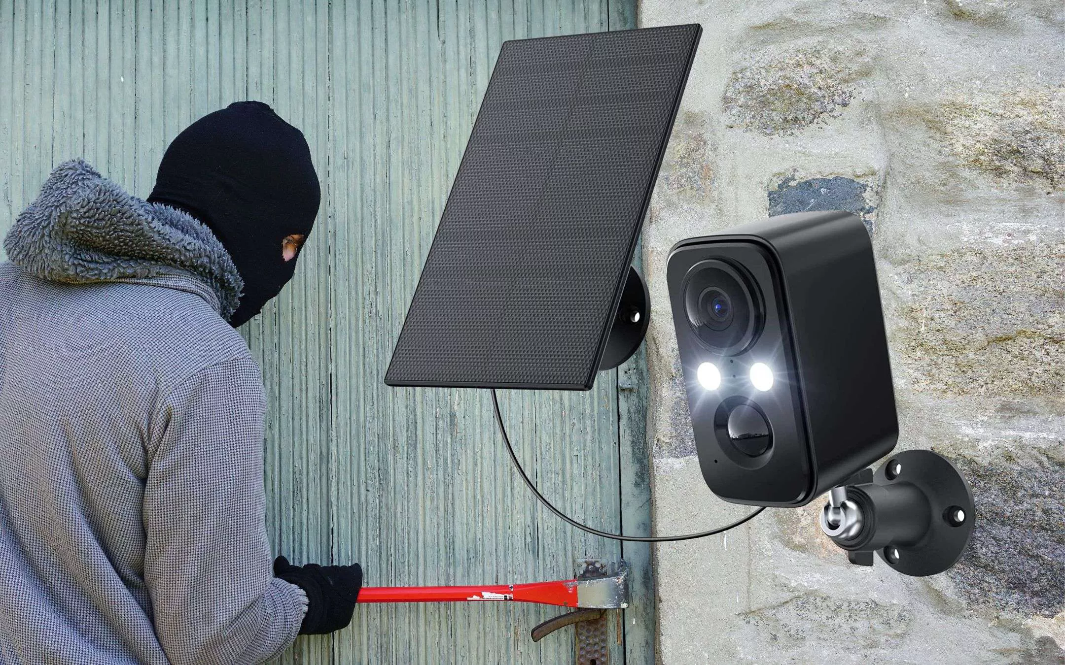 Videocamera di sicurezza solare con faro a 39€: niente SCAMPO per i ladri