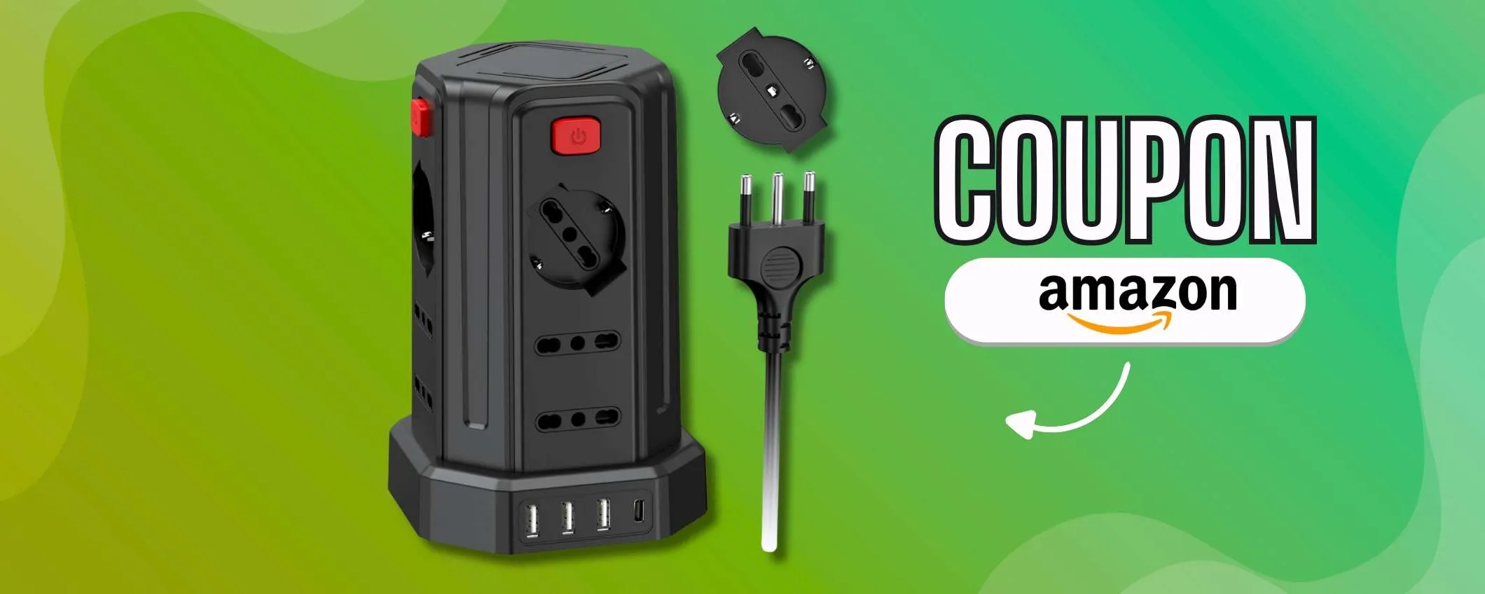 Multipresa a torre: 12 prese in spazio mini e 4 porte USB (doppio sconto)