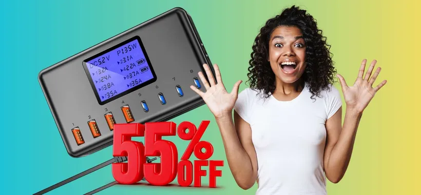 Caricatore USB da 152W con 8 porte e display LCD al 55% in MENO