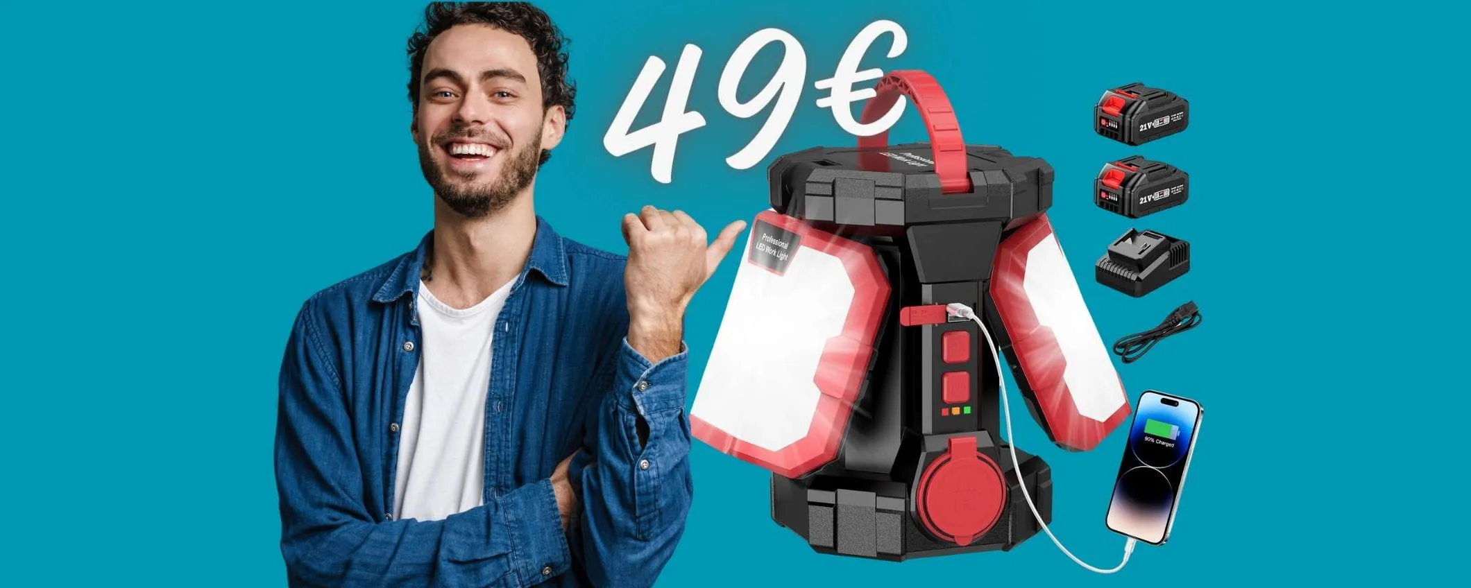 Faretto portatile che funziona da Power Bank, con 2 batterie, SOLO 49€