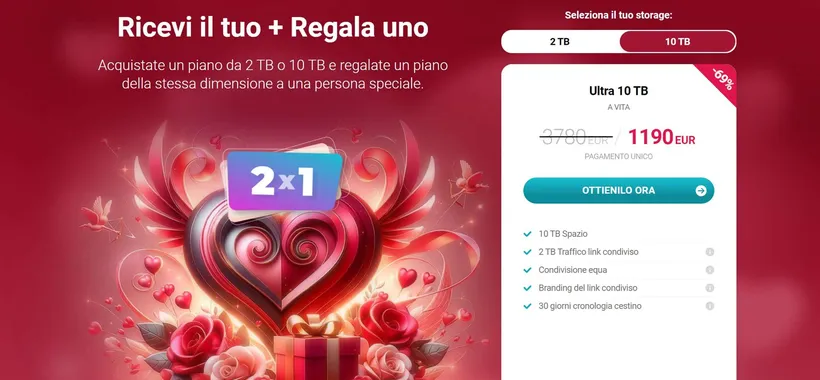 Promo San Valentino di pCloud: fino a 20 TB per sempre tuoi con il 69% di sconto