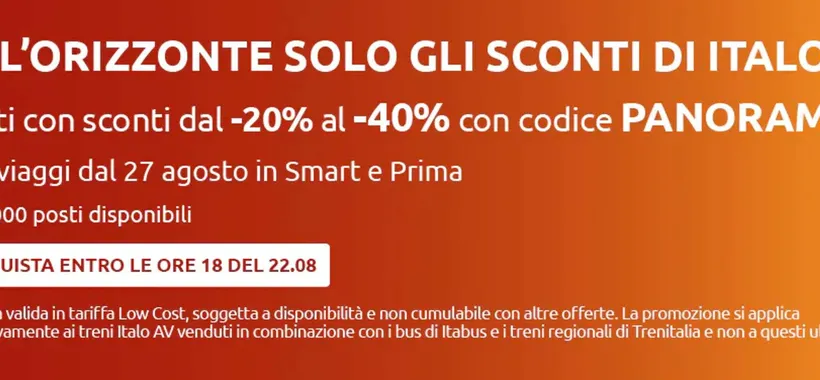 Italo: Sconto con codice PANORAMA dal 20% al 40%