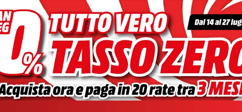 Volantino MediaWorld: inizi a pagare fra 3 mesi, in 20 rate a tasso zero