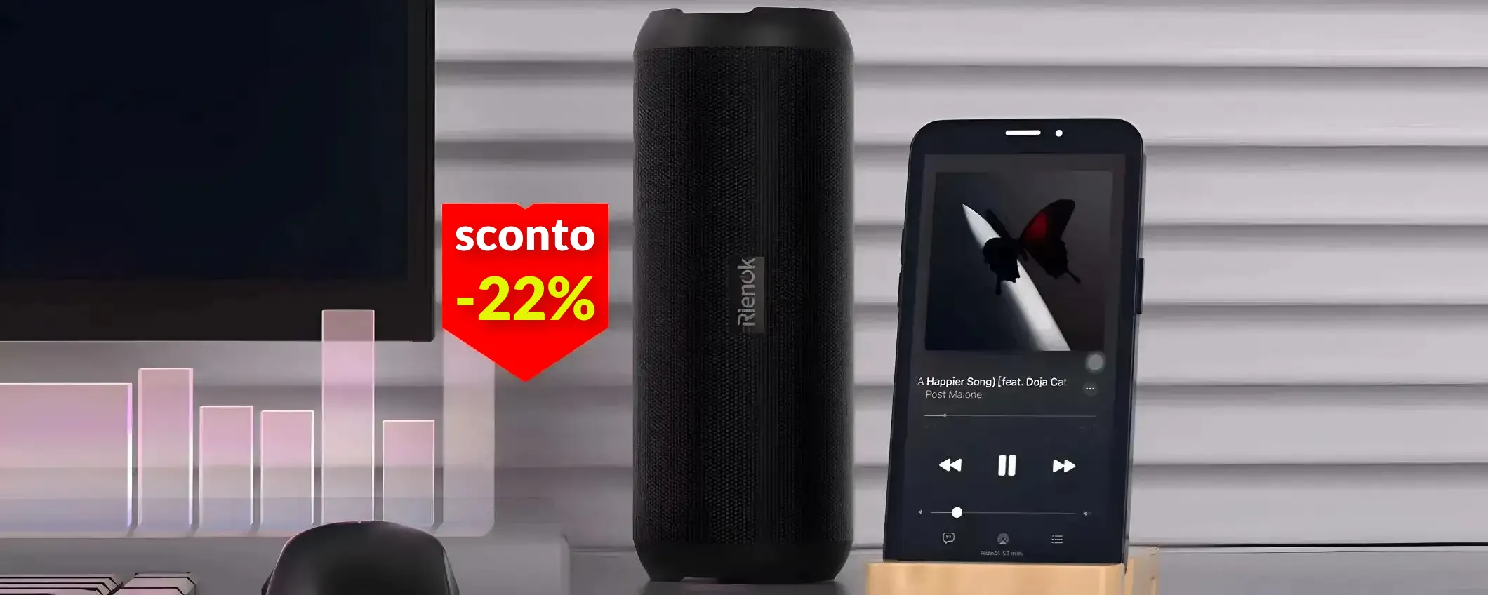 Cassa Bluetooth in sconto a 31 euro: suono potente, IP67 e 24h di autonomia