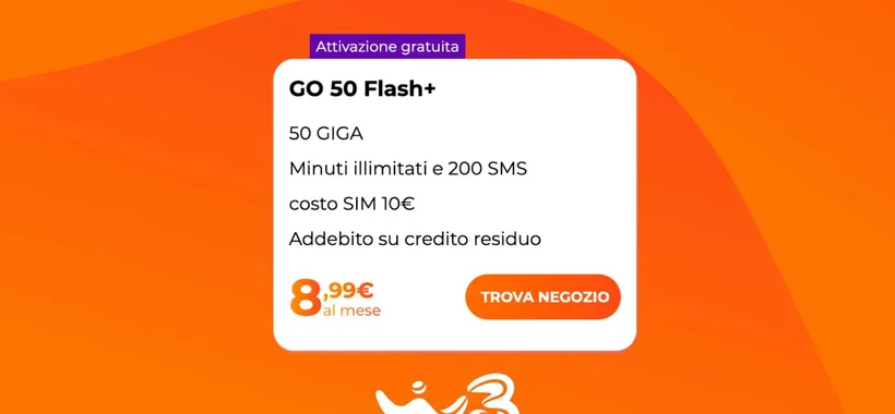 WINDTRE GO 50 Flash Plus LE: 50GB a 8,99€ al mese!