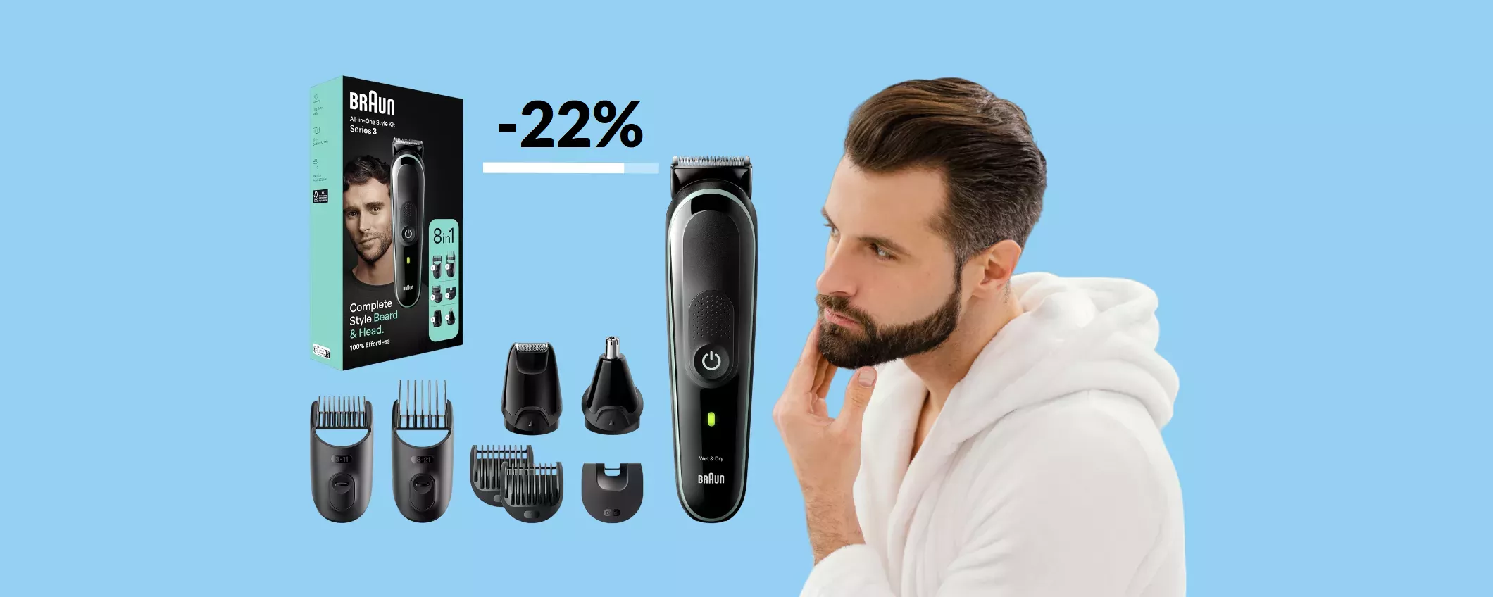 Rasoio elettrico Braun 8-in-1 per barba e capelli impeccabili (38€)