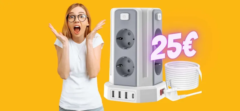 Torretta 12 in 1: 8 prese con interruttori e 4 porte USB, tua a 25€
